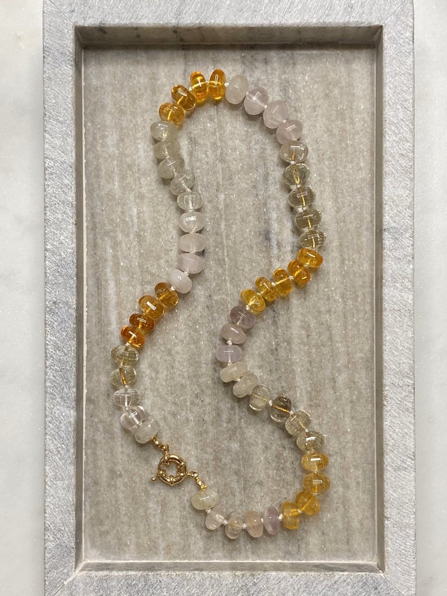 12mm Citrine, Rose Quartz, and Smokey Quartz Rondelle Necklace