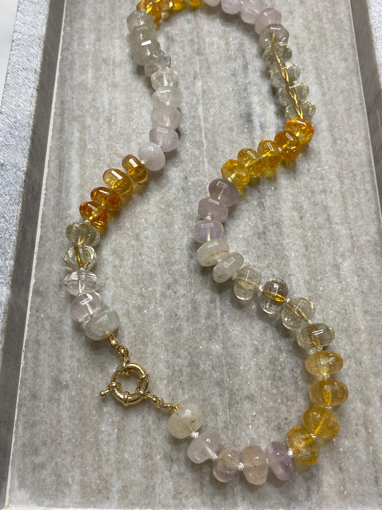12mm Citrine, Rose Quartz, and Smokey Quartz Rondelle Necklace
