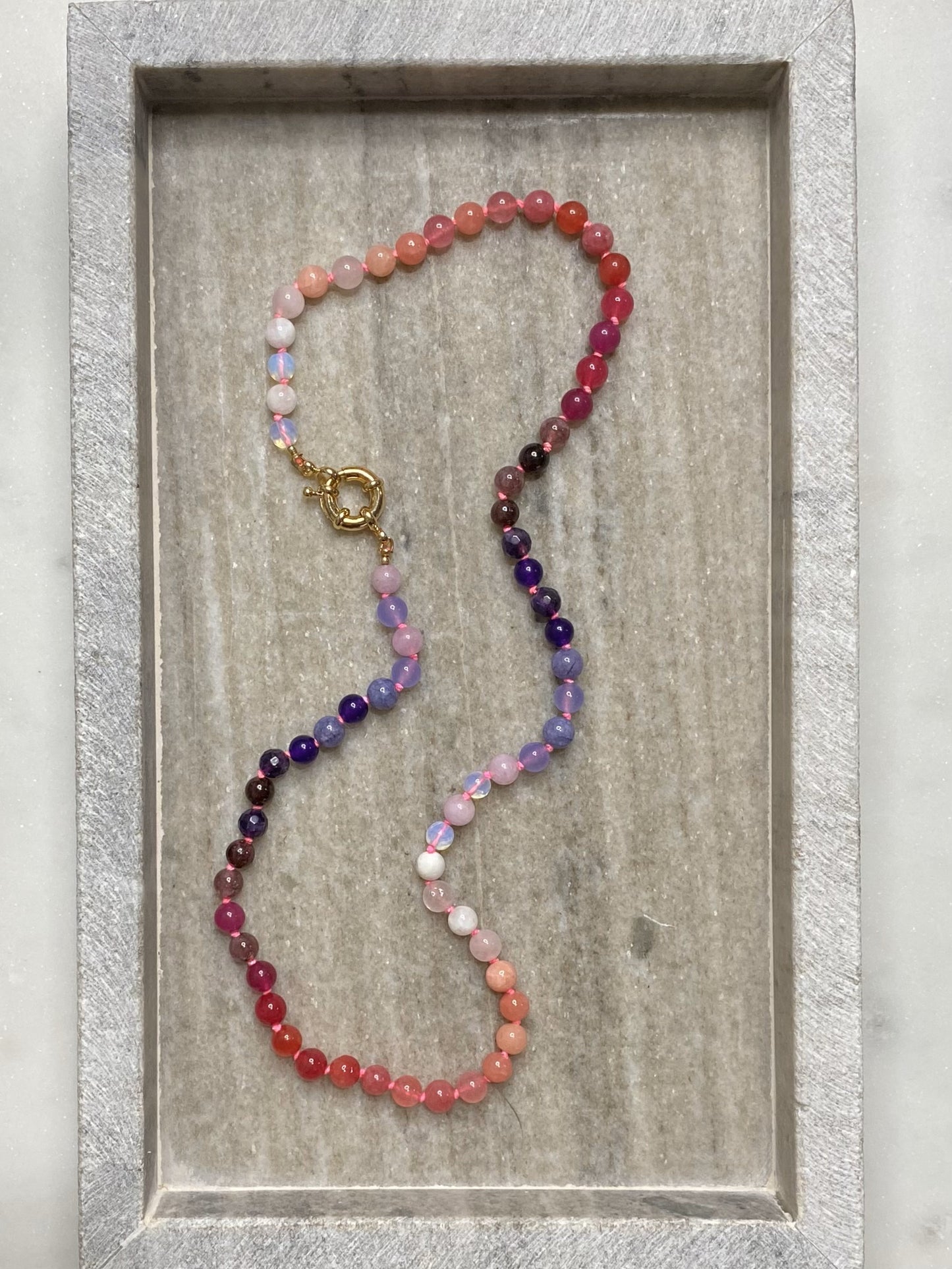 6mm Lover's Ombre Necklace on Hand-Dyed Neon Pink Silk Thread
