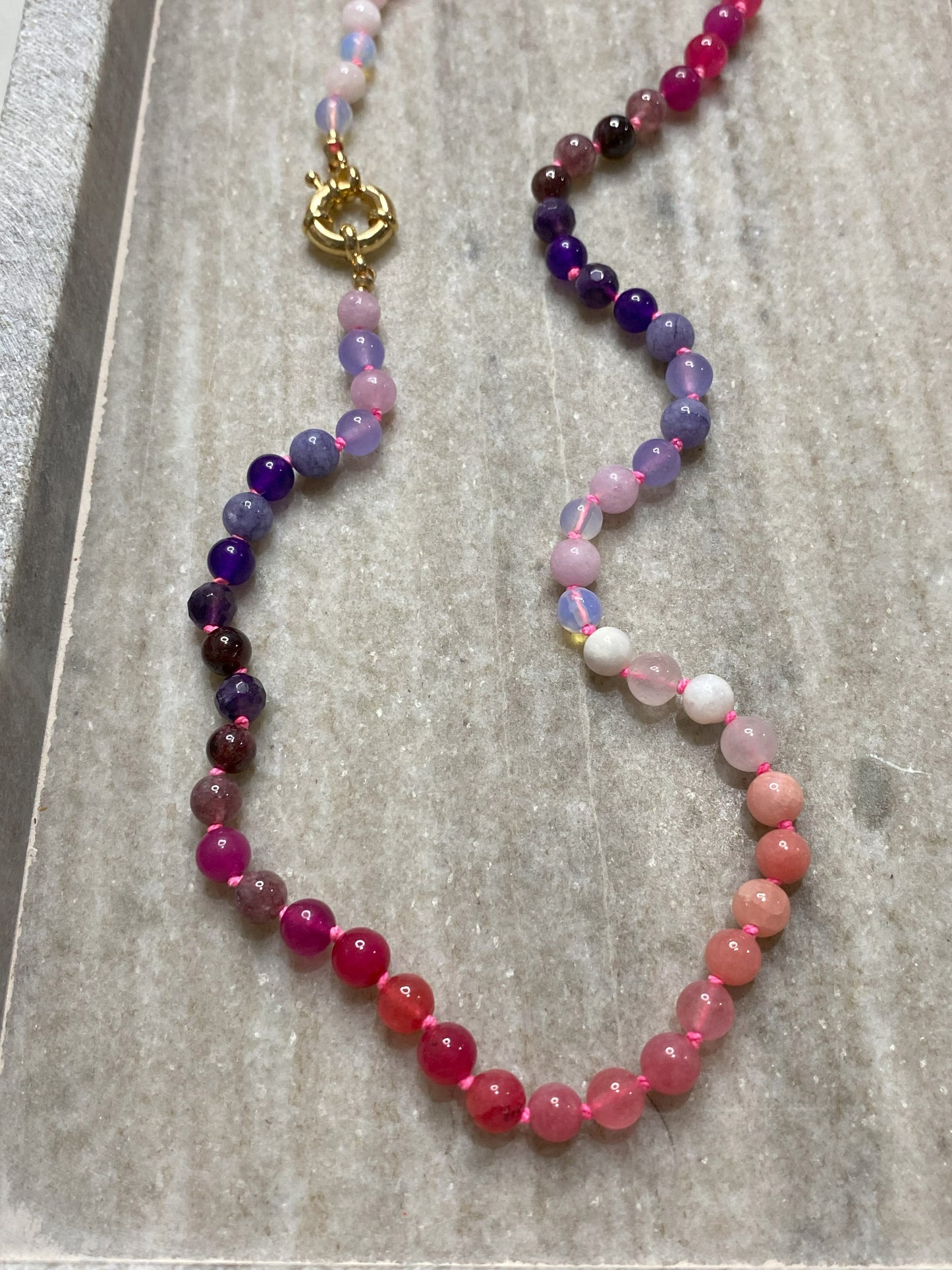 6mm Lover's Ombre Necklace on Hand-Dyed Neon Pink Silk Thread