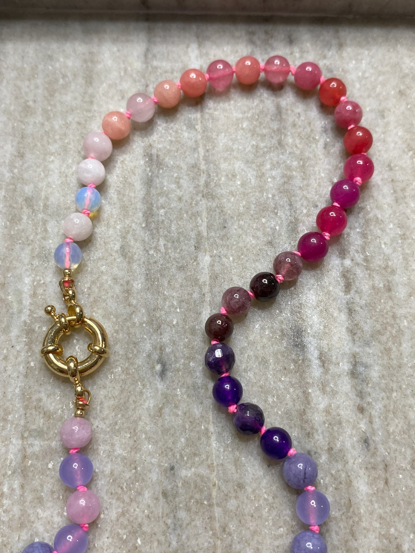 6mm Lover's Ombre Necklace on Hand-Dyed Neon Pink Silk Thread