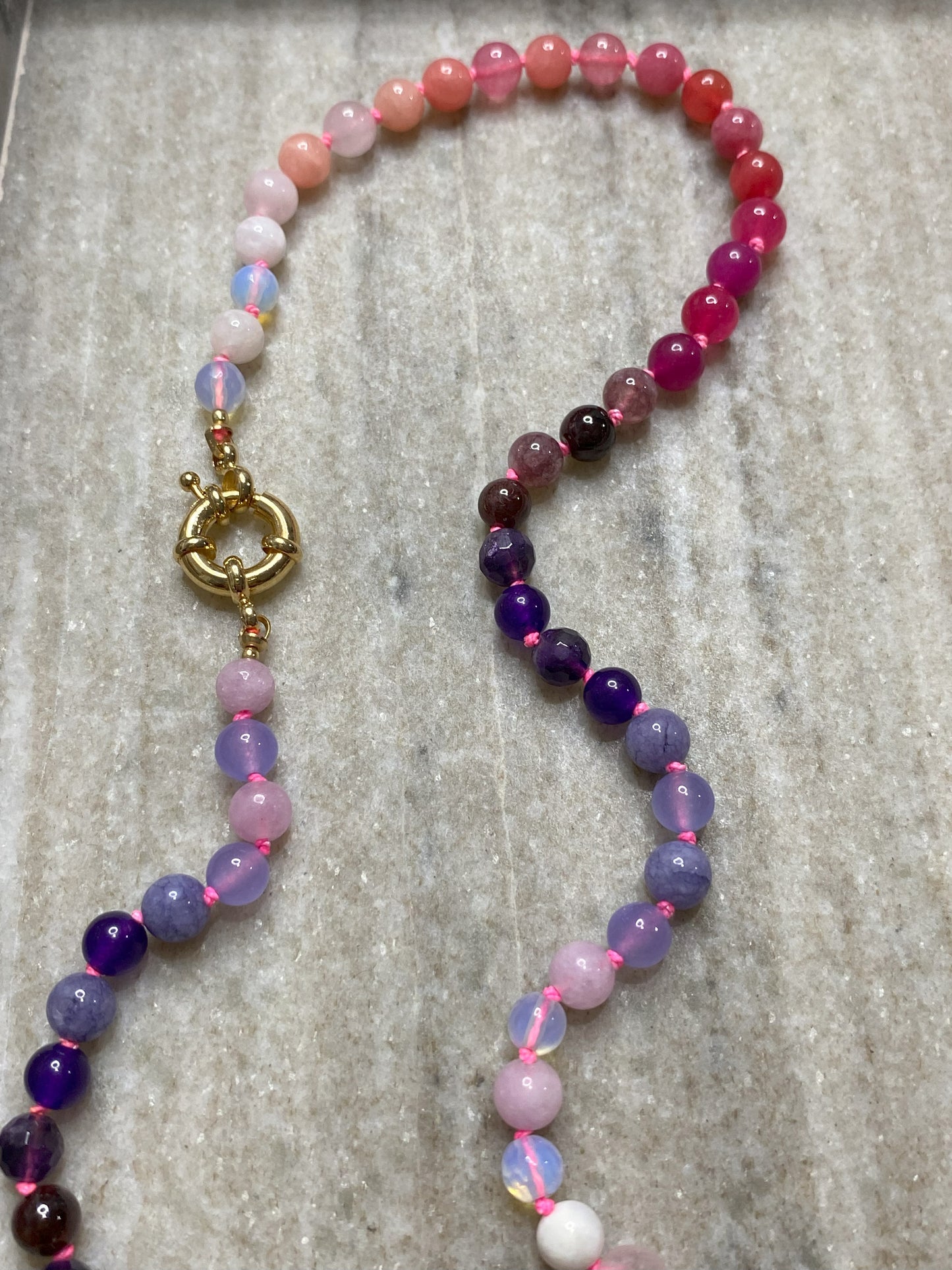 6mm Lover's Ombre Necklace on Hand-Dyed Neon Pink Silk Thread