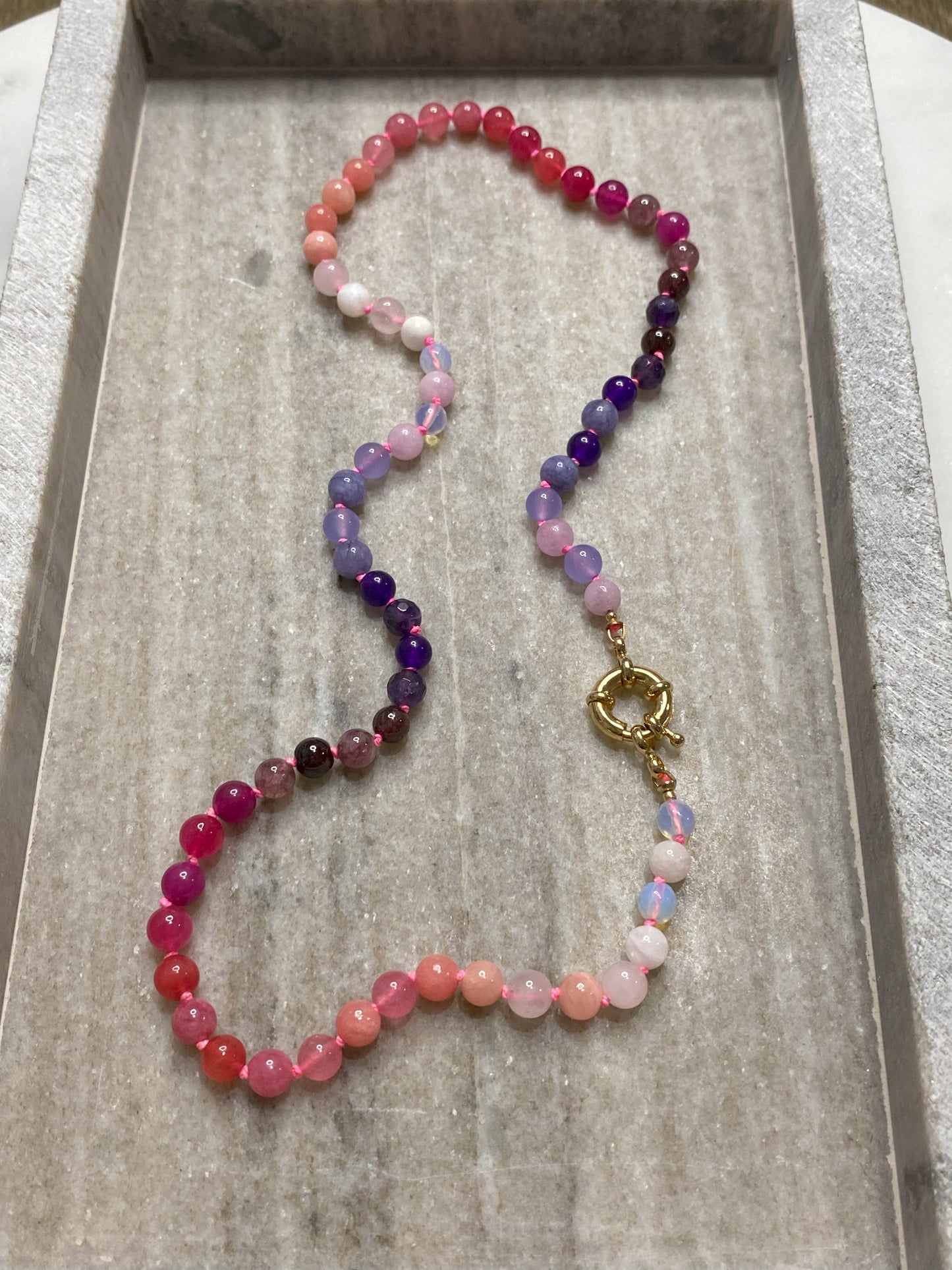 6mm Lover's Ombre Necklace on Hand-Dyed Neon Pink Silk Thread
