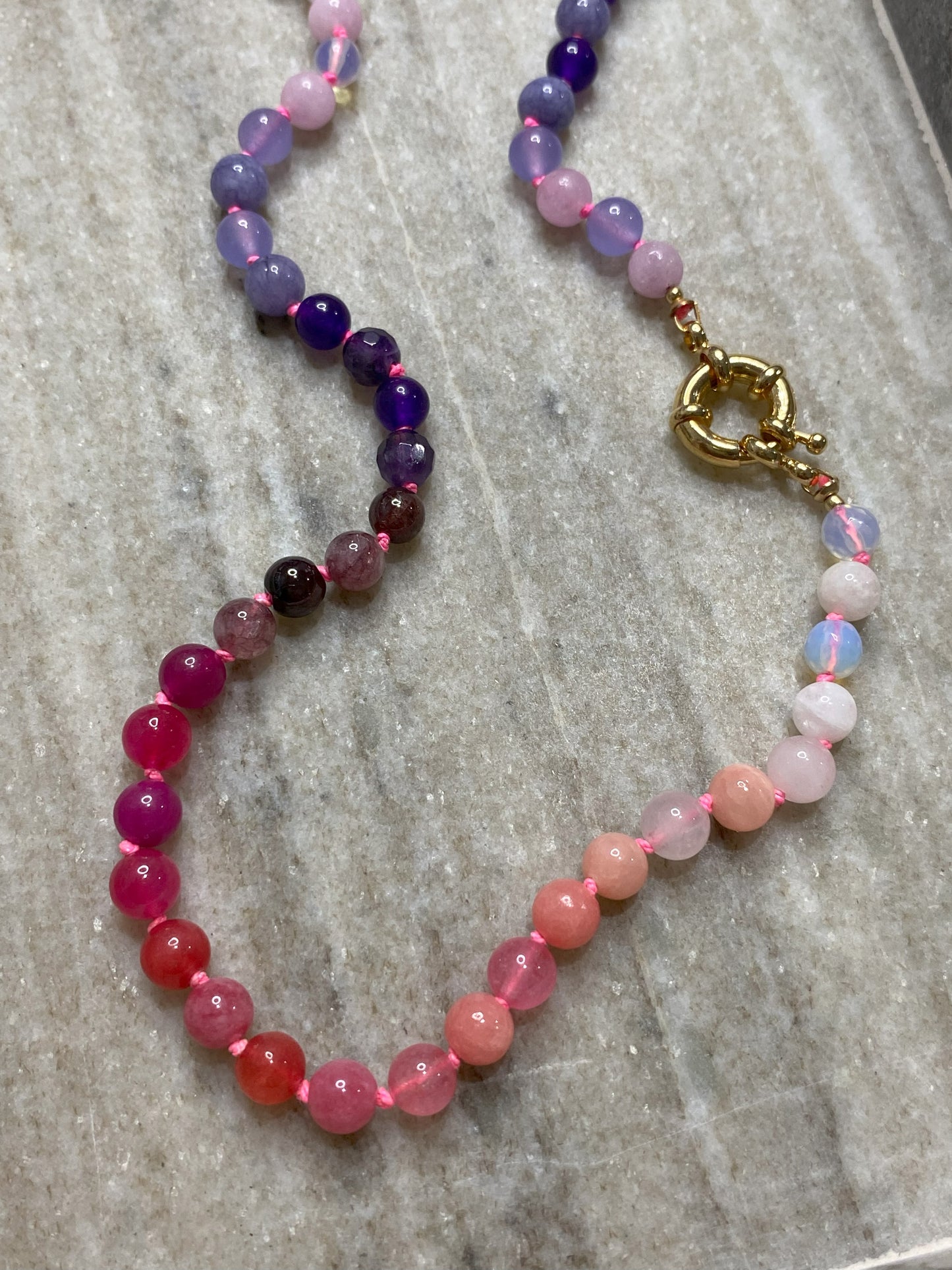 6mm Lover's Ombre Necklace on Hand-Dyed Neon Pink Silk Thread