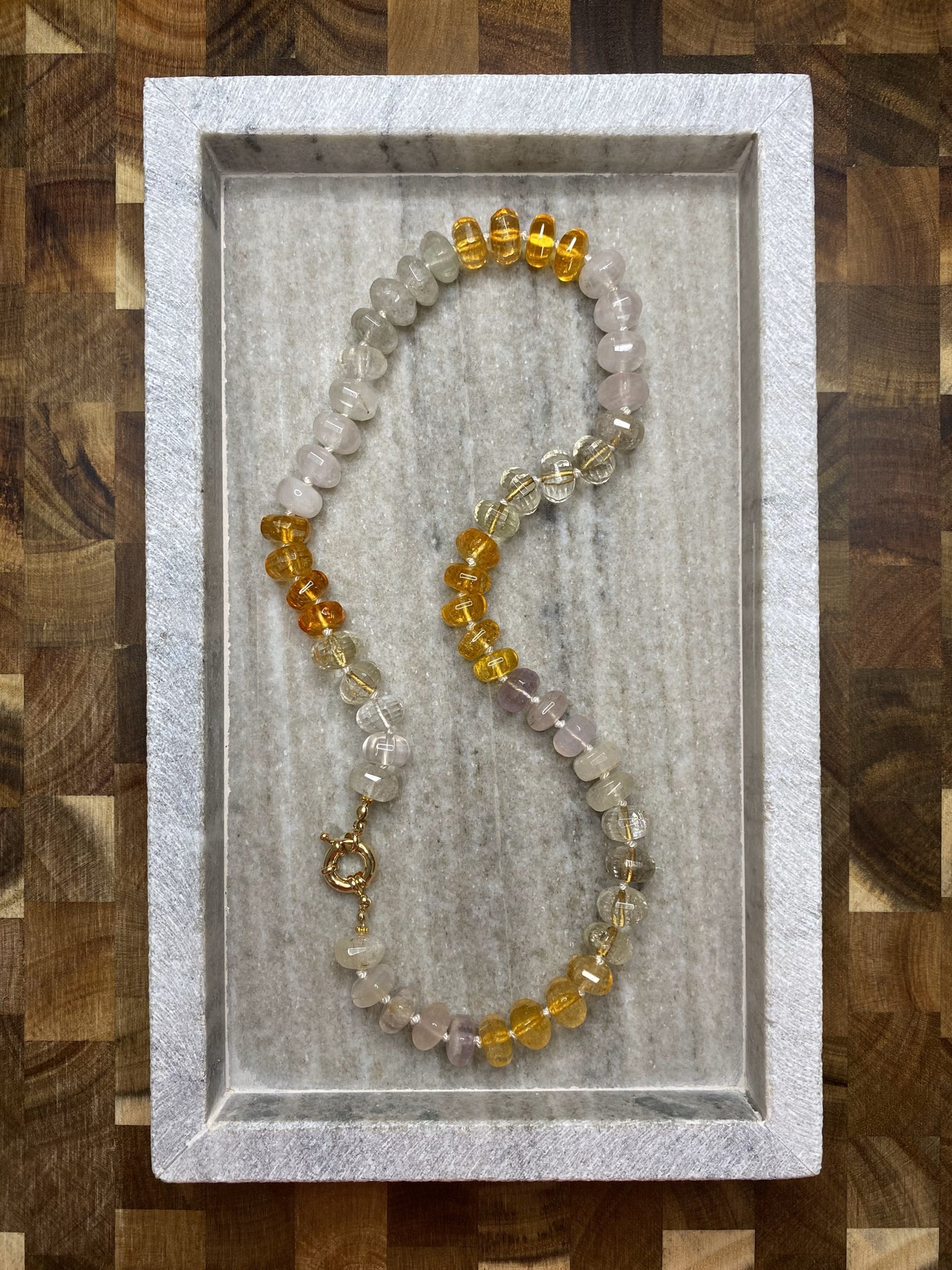 12mm Citrine, Rose Quartz, and Smokey Quartz Rondelle Necklace