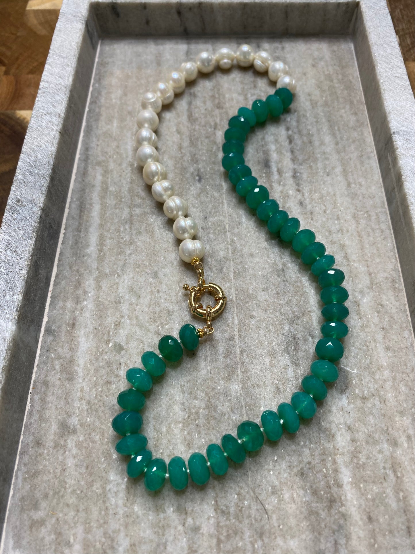9mm Faceted Green Onyx and Freshwater Pearl Half-and-Half Necklace