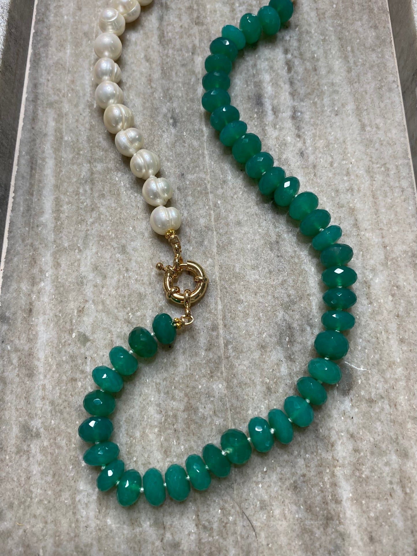 9mm Faceted Green Onyx and Freshwater Pearl Half-and-Half Necklace