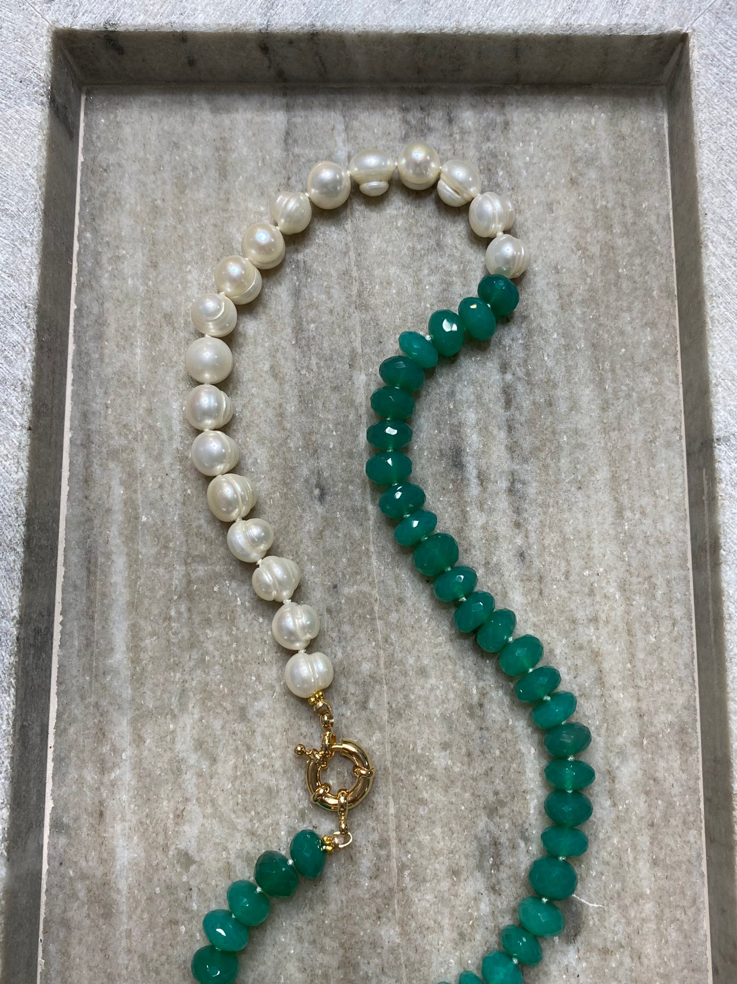 9mm Faceted Green Onyx and Freshwater Pearl Half-and-Half Necklace