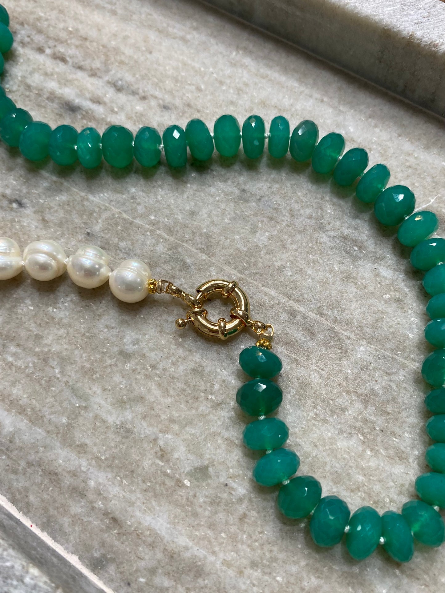 9mm Faceted Green Onyx and Freshwater Pearl Half-and-Half Necklace