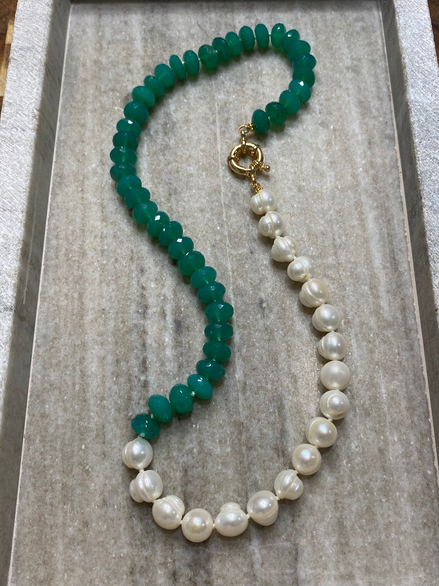 9mm Faceted Green Onyx and Freshwater Pearl Half-and-Half Necklace
