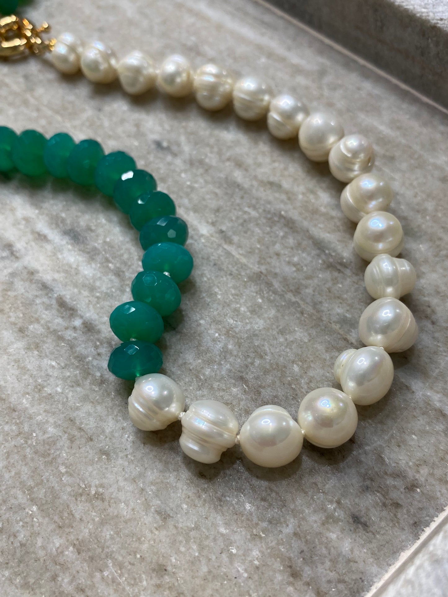 9mm Faceted Green Onyx and Freshwater Pearl Half-and-Half Necklace