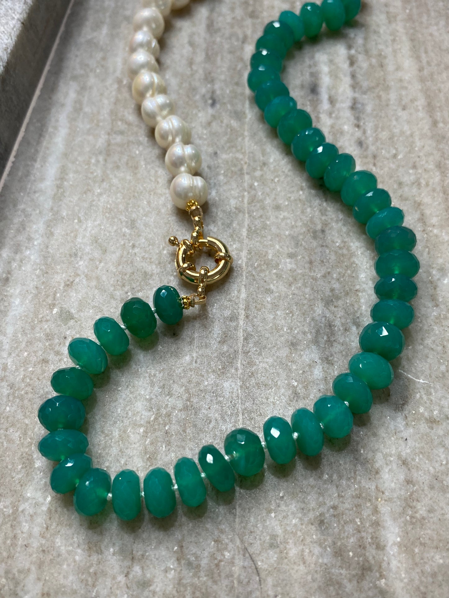 9mm Faceted Green Onyx and Freshwater Pearl Half-and-Half Necklace