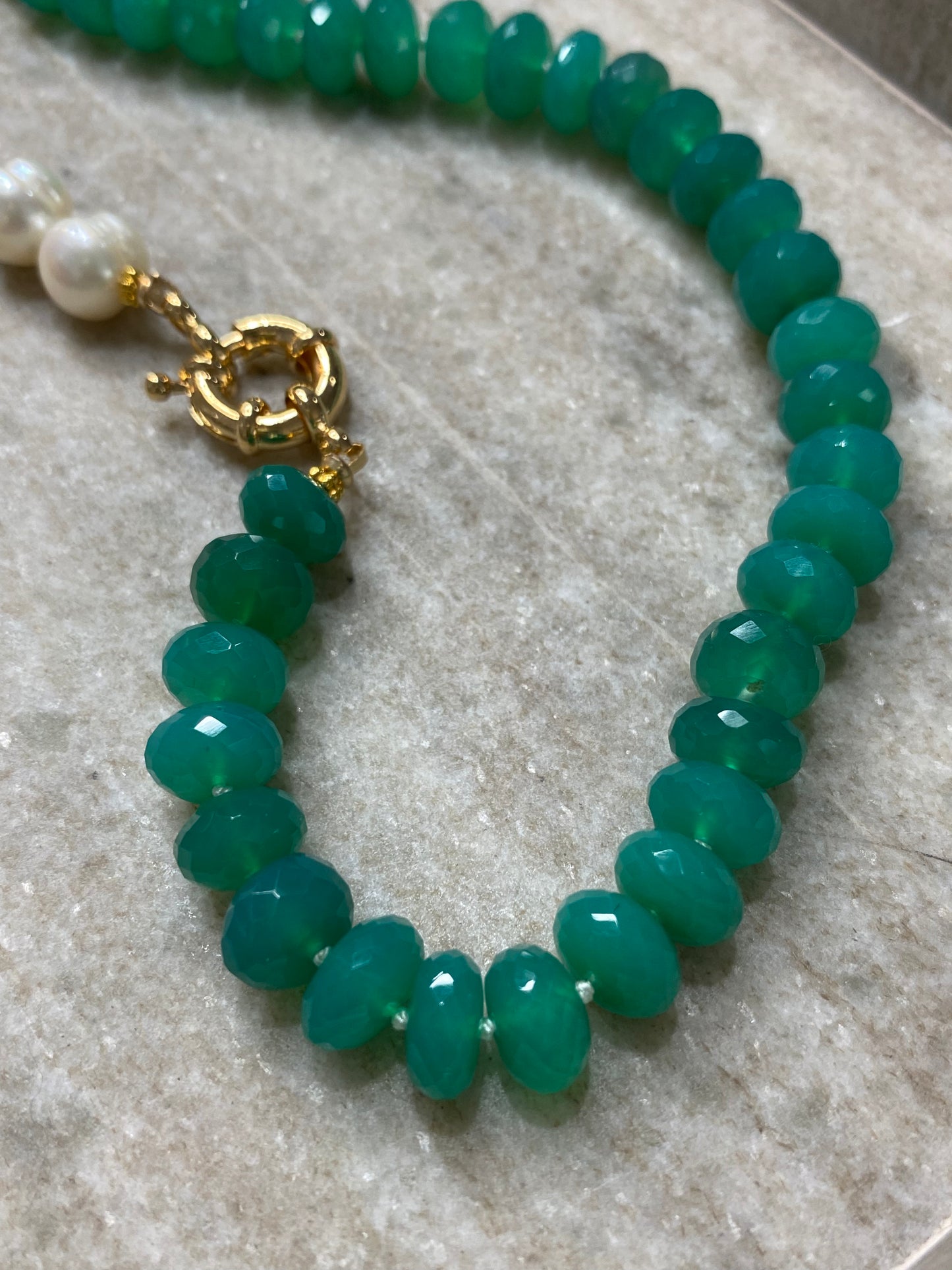 9mm Faceted Green Onyx and Freshwater Pearl Half-and-Half Necklace