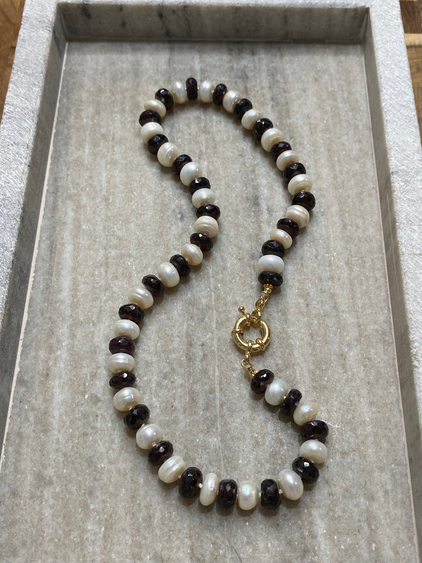 9-10mm Faceted Garnet and Freshwater Pearl Rondelle Necklace