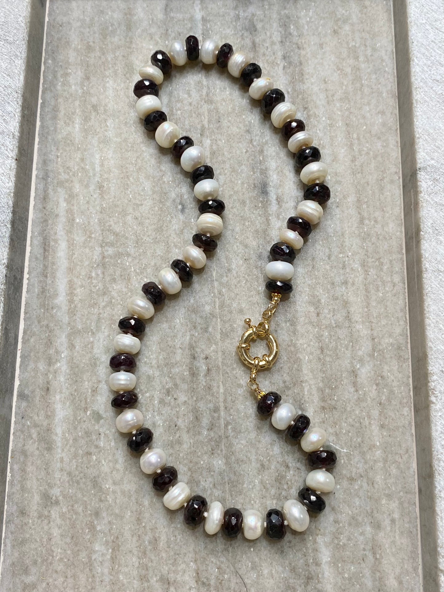 9-10mm Faceted Garnet and Freshwater Pearl Rondelle Necklace