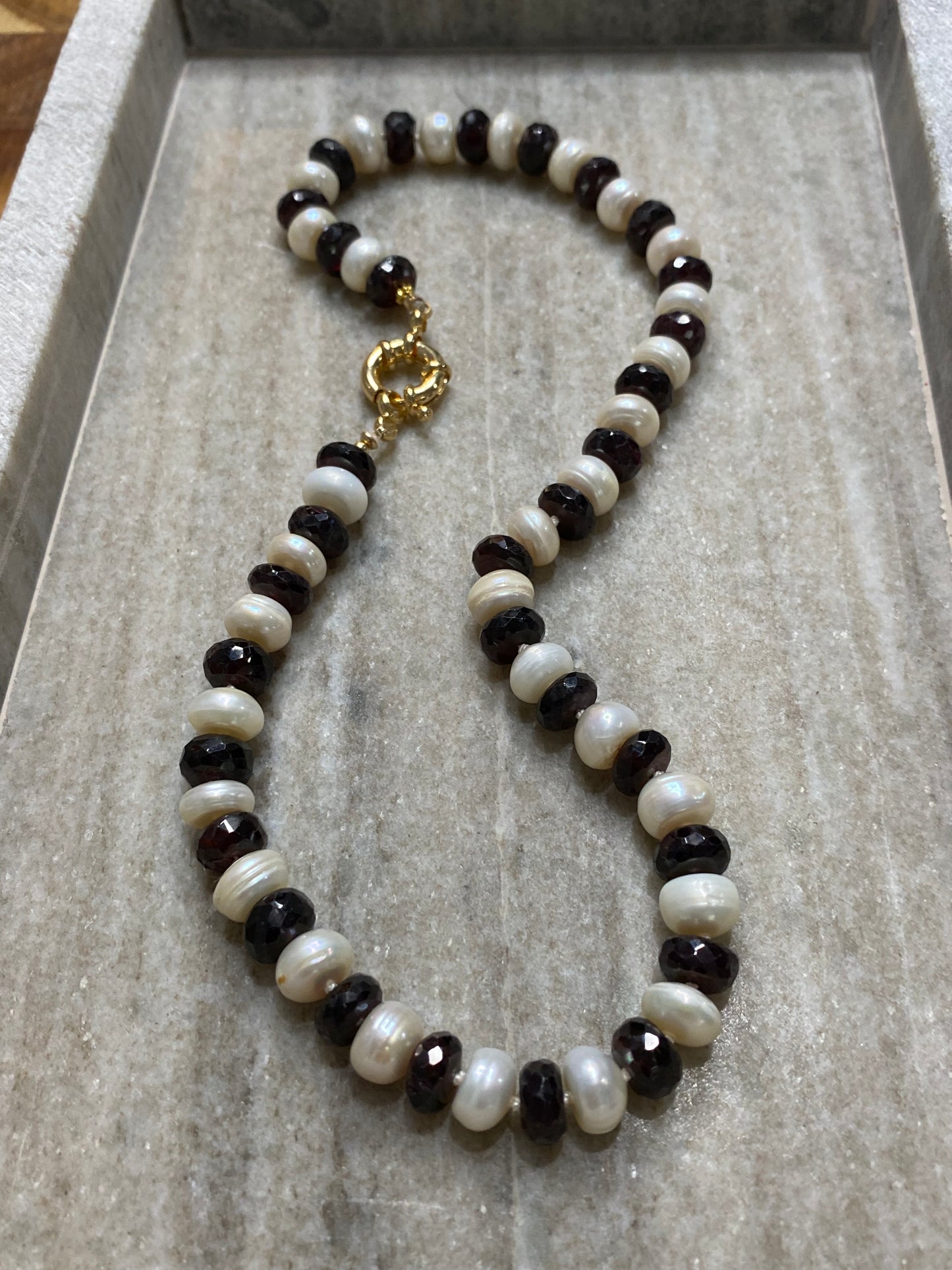 9-10mm Faceted Garnet and Freshwater Pearl Rondelle Necklace