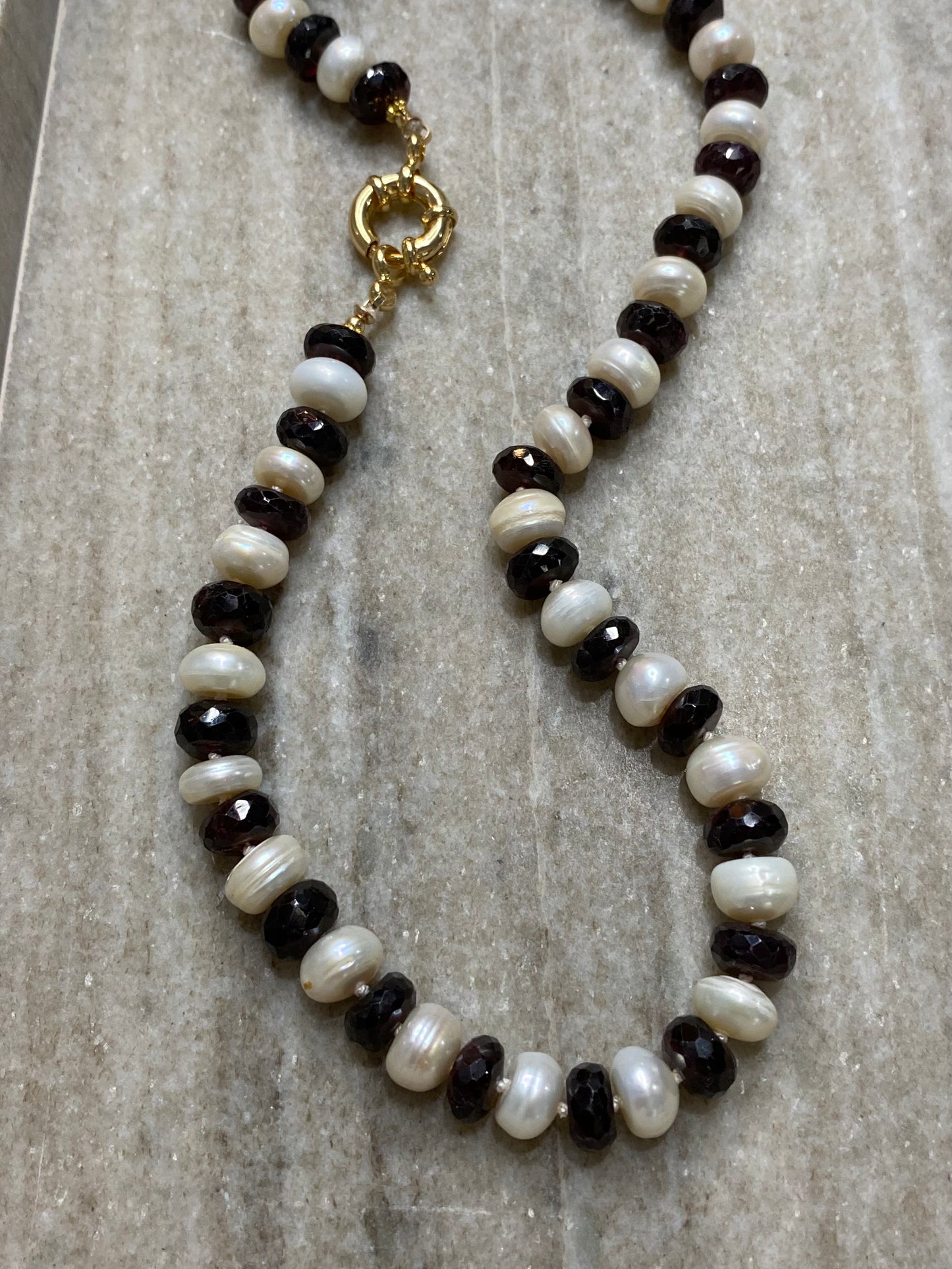 9-10mm Faceted Garnet and Freshwater Pearl Rondelle Necklace