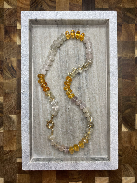 12mm Citrine, Rose Quartz, and Smokey Quartz Rondelle Necklace