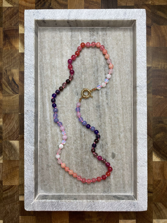 6mm Lover's Ombre Necklace on Hand-Dyed Neon Pink Silk Thread