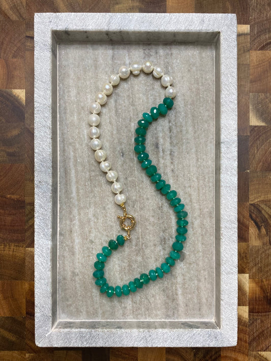 9mm Faceted Green Onyx and Freshwater Pearl Half-and-Half Necklace