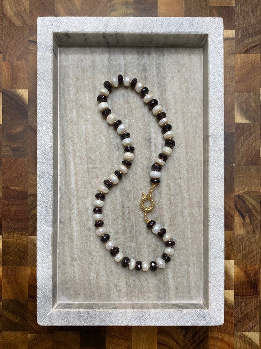 9-10mm Faceted Garnet and Freshwater Pearl Rondelle Necklace